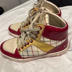 Coach Nora Tattersall 7.5 Pink Raspberry and Yellow Plaid Vegan Leather High Top